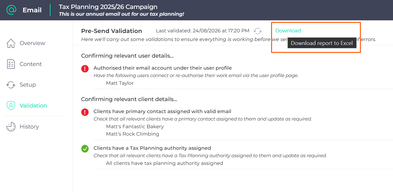 Downloading the pre-send validation report to Excel